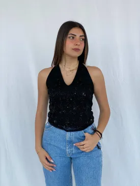 90s/00s Ysatis Beaded Black Halter Top - Size S