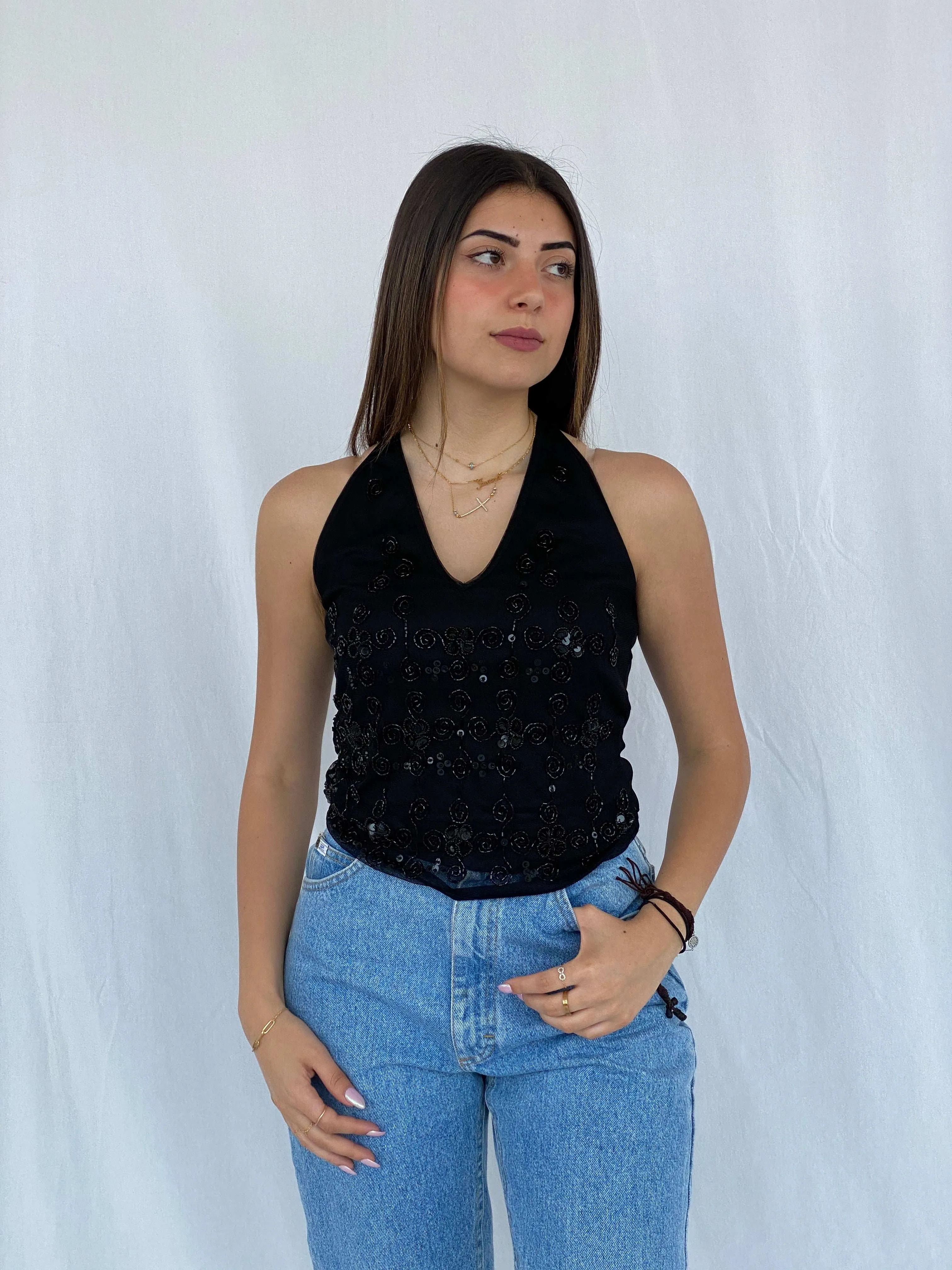 90s/00s Ysatis Beaded Black Halter Top - Size S