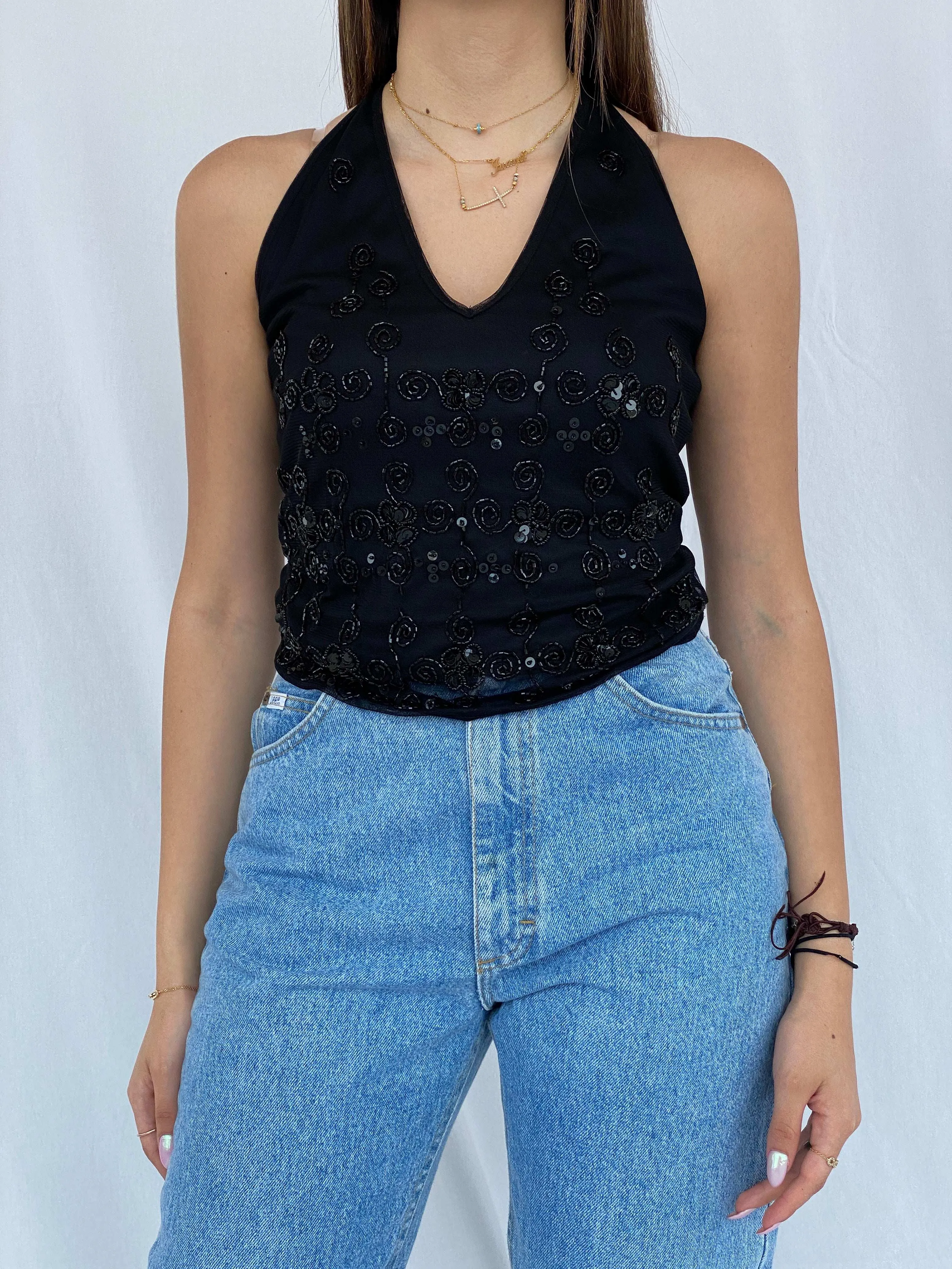 90s/00s Ysatis Beaded Black Halter Top - Size S