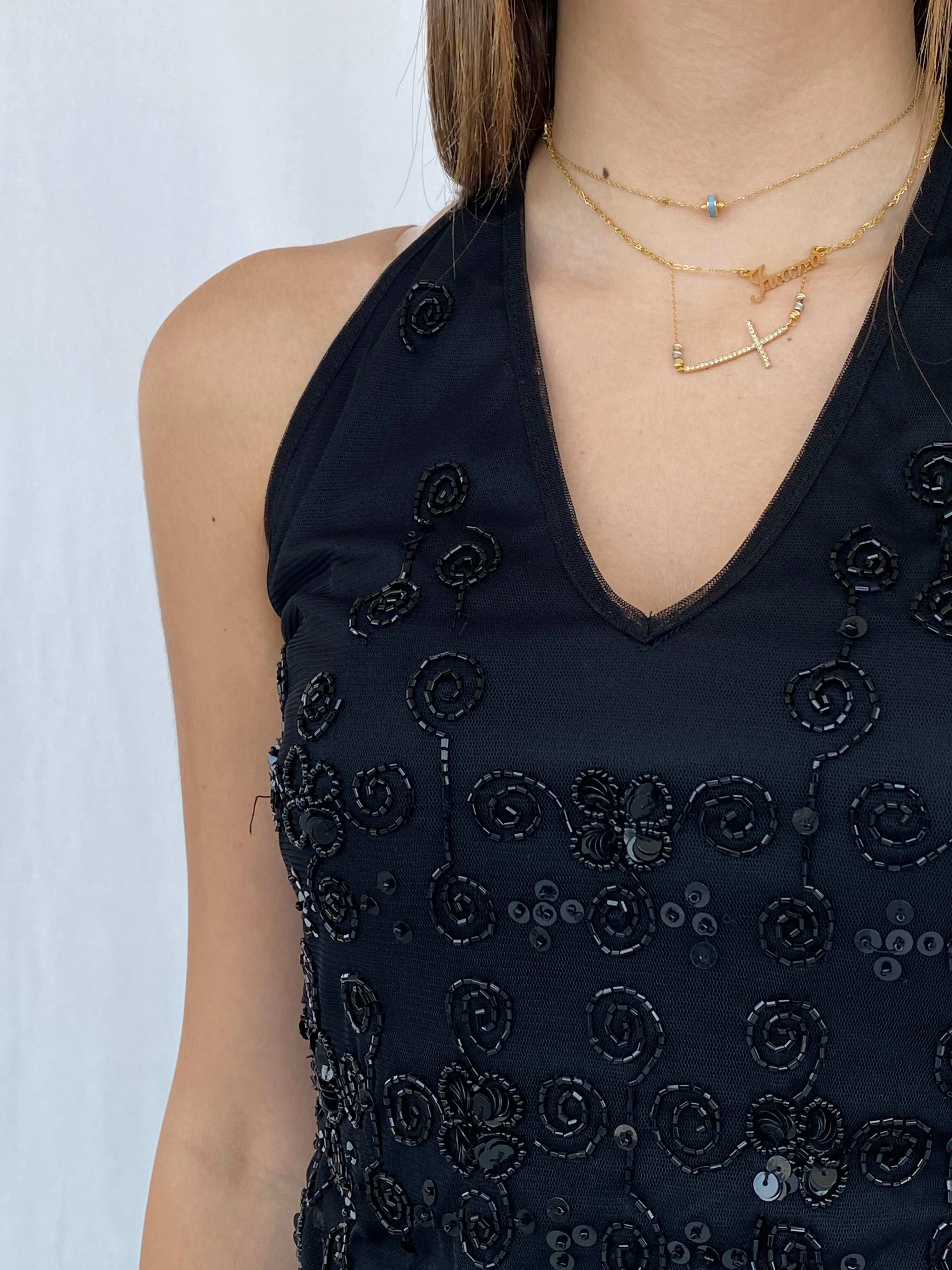 90s/00s Ysatis Beaded Black Halter Top - Size S