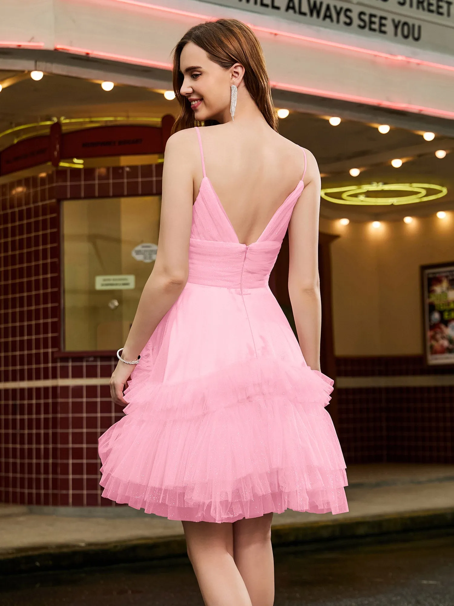 A-line Tulle Tiered Stitching Glitter Short Dress Candy Pink