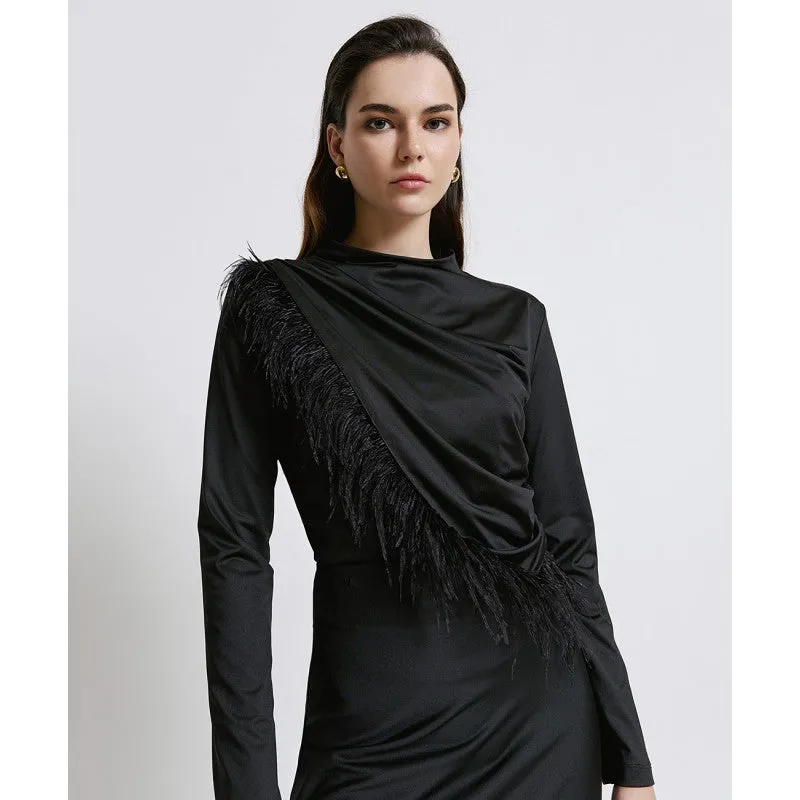 Acscess Fashion Black Feather Detail Top