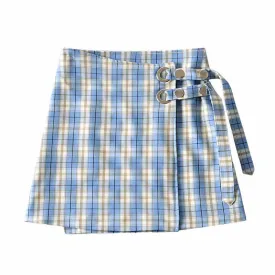 American retro niche blue plaid high waisted irregular diagonal skirt BY9132