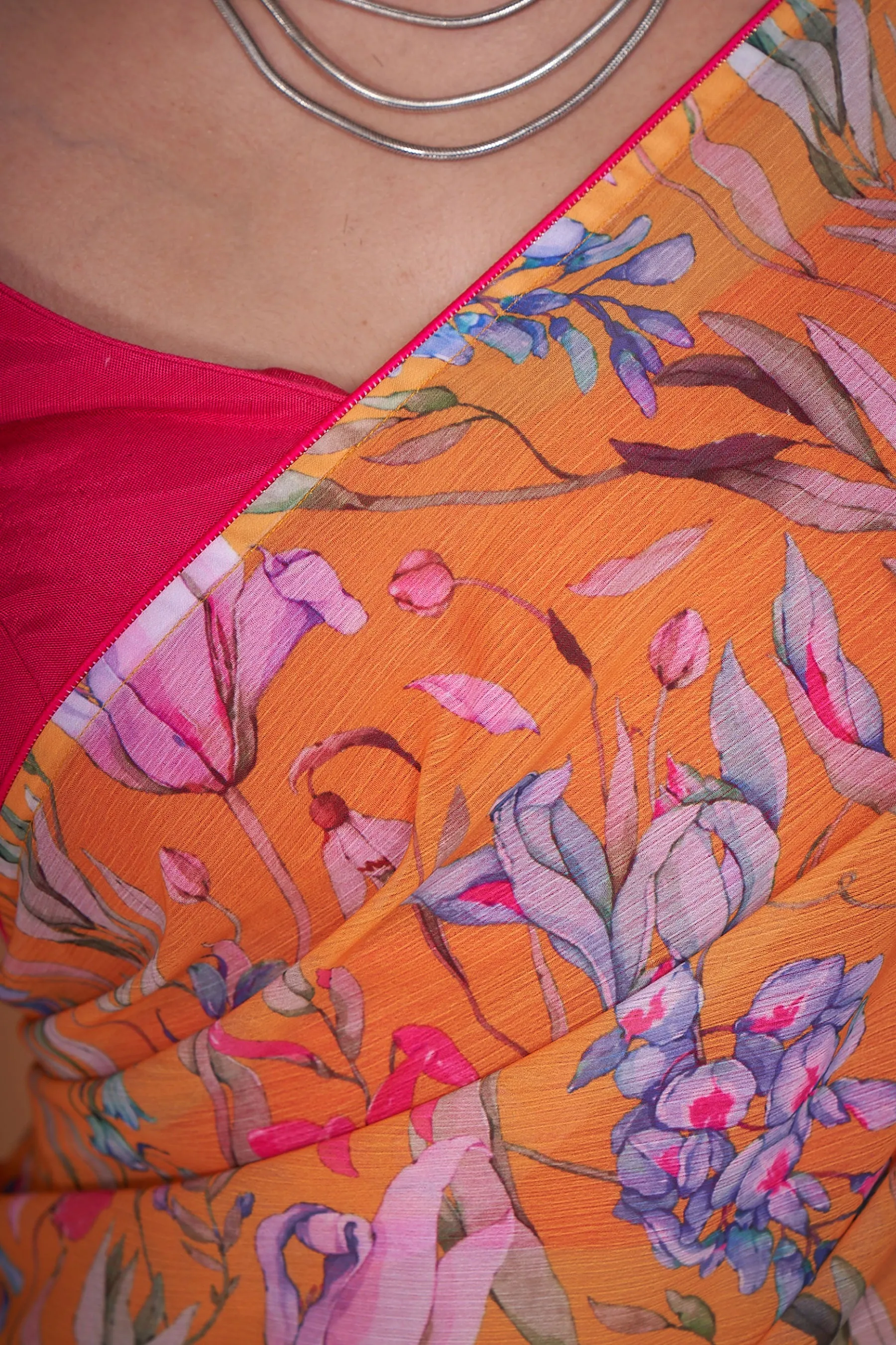 Apricot Floral Printed Chiffon Saree With Pink Coord Lace