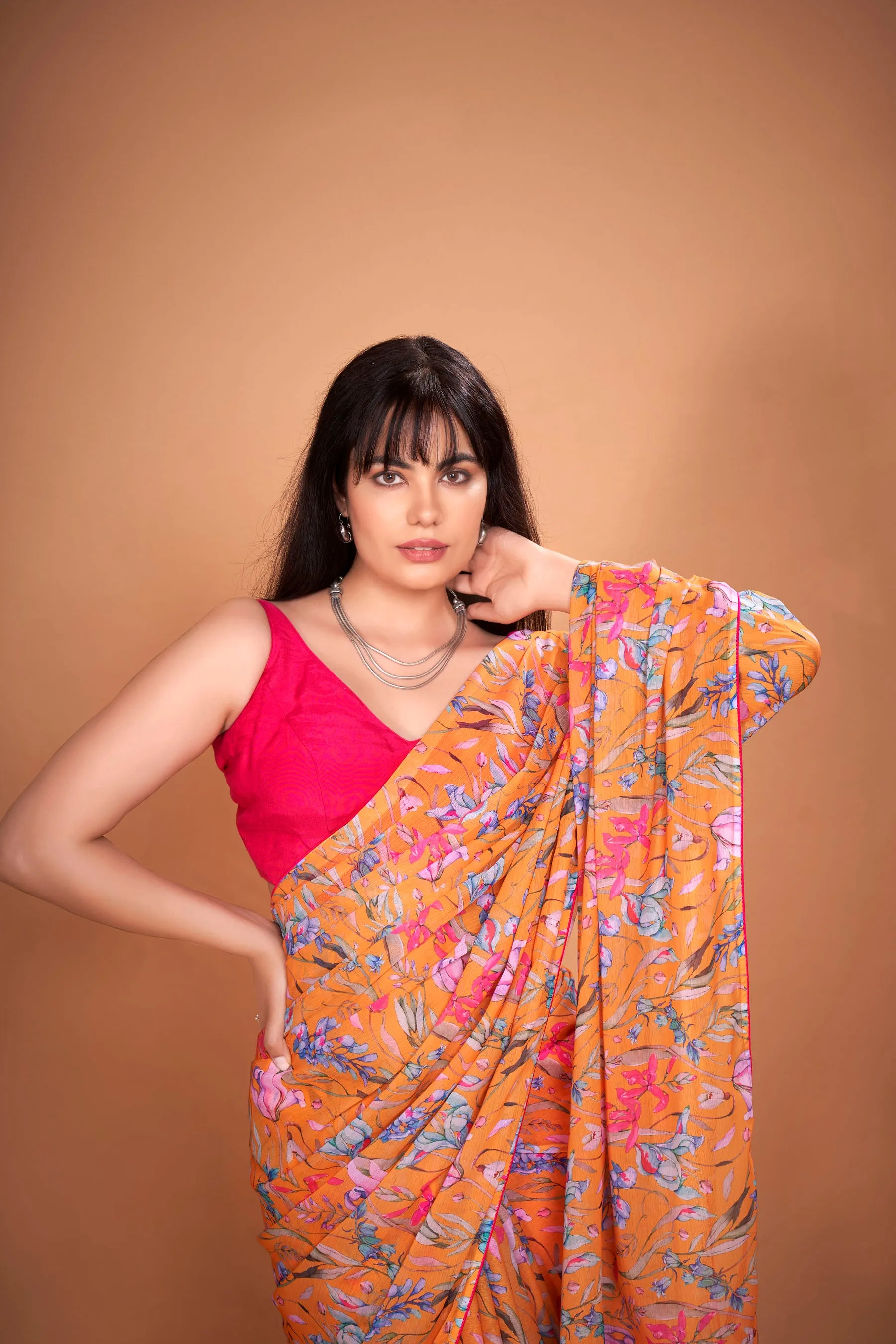 Apricot Floral Printed Chiffon Saree With Pink Coord Lace