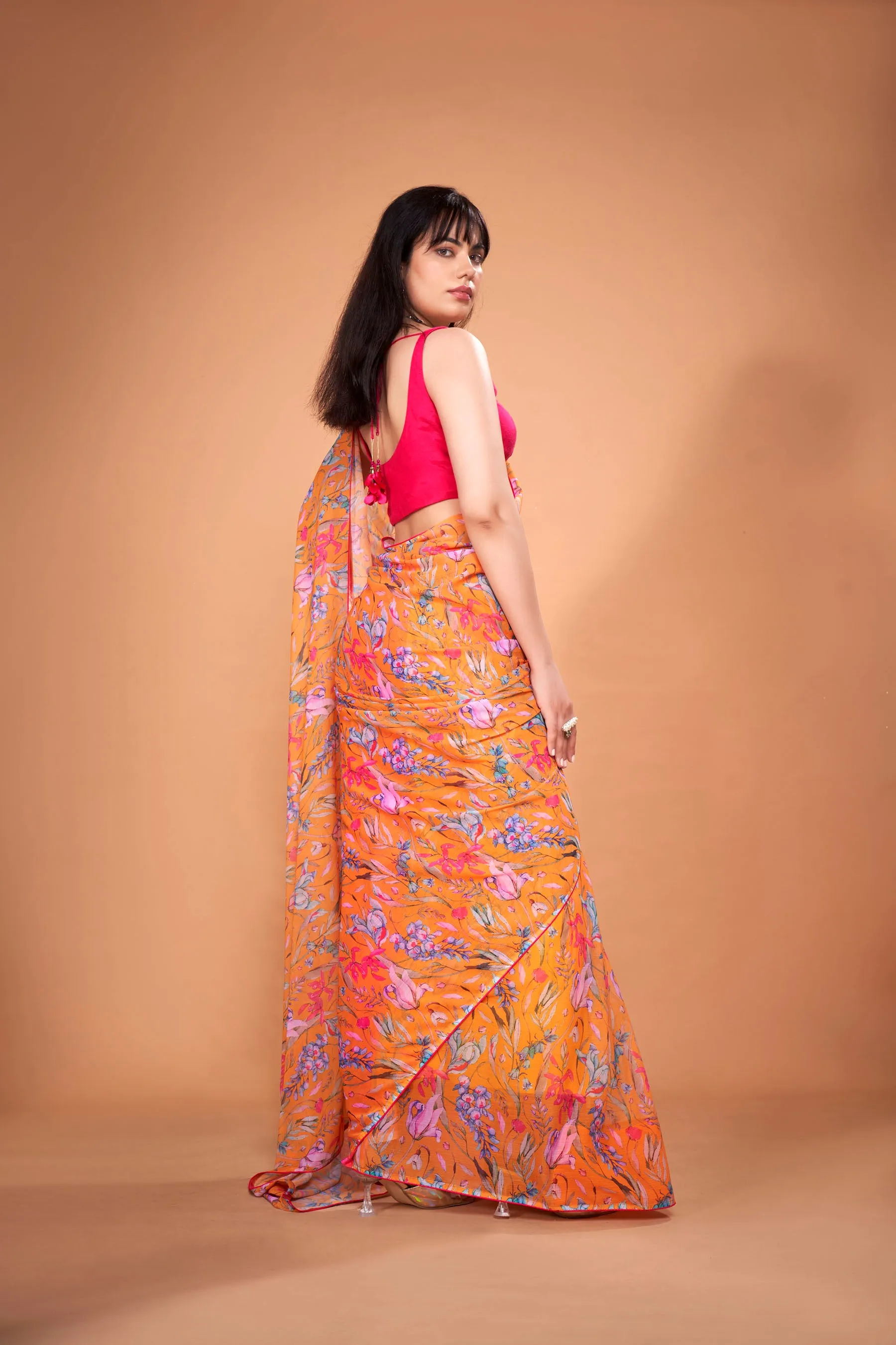 Apricot Floral Printed Chiffon Saree With Pink Coord Lace