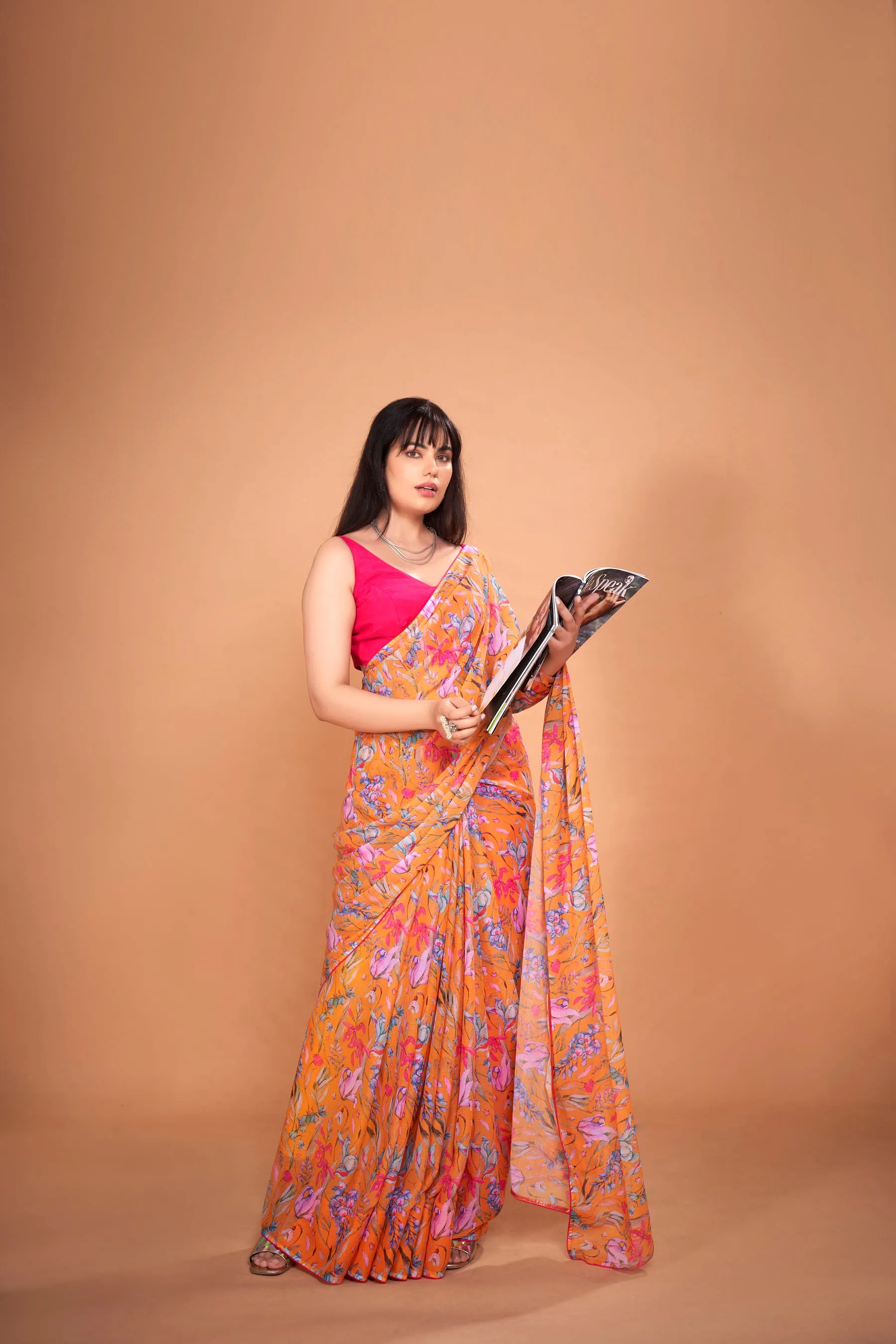 Apricot Floral Printed Chiffon Saree With Pink Coord Lace