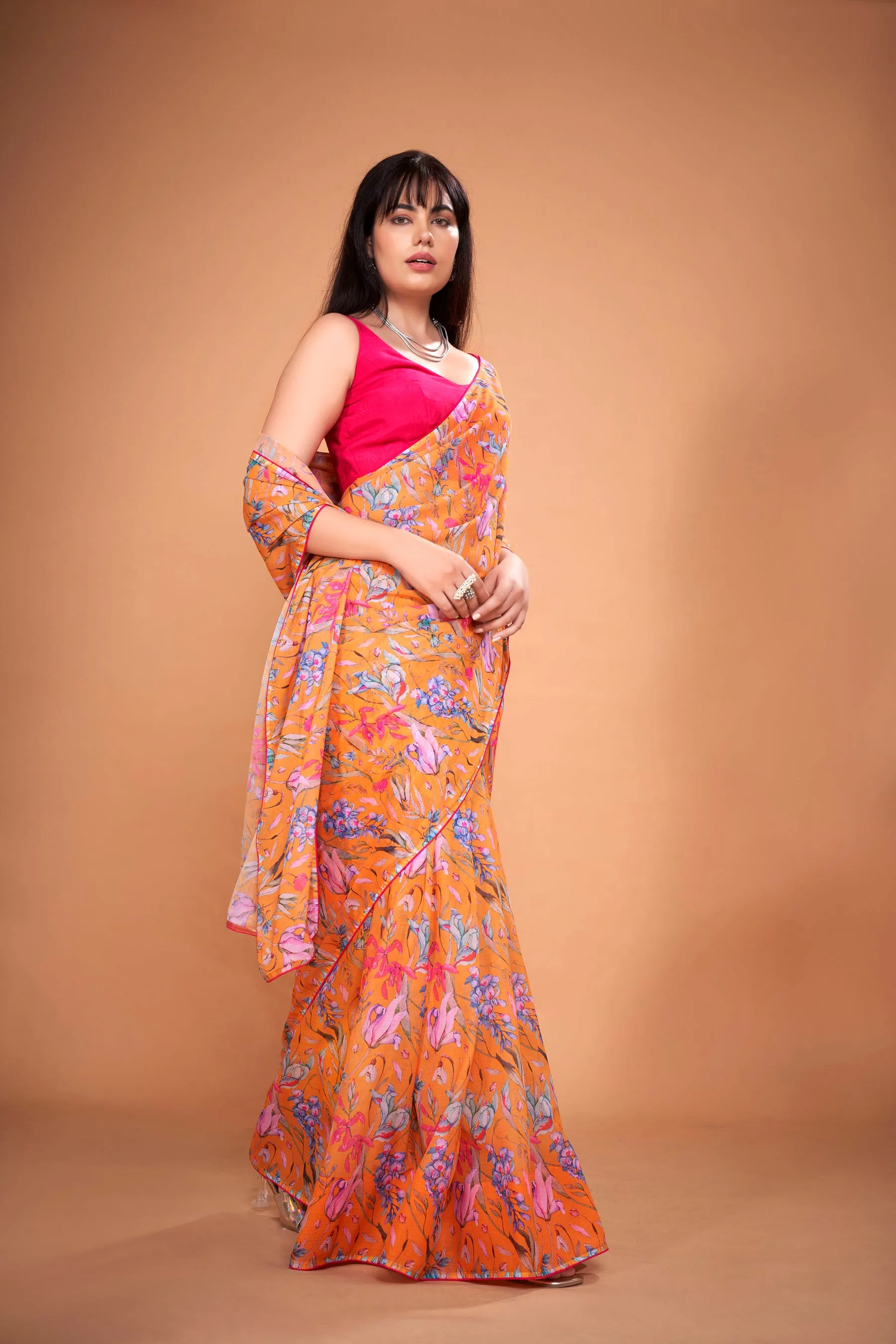Apricot Floral Printed Chiffon Saree With Pink Coord Lace