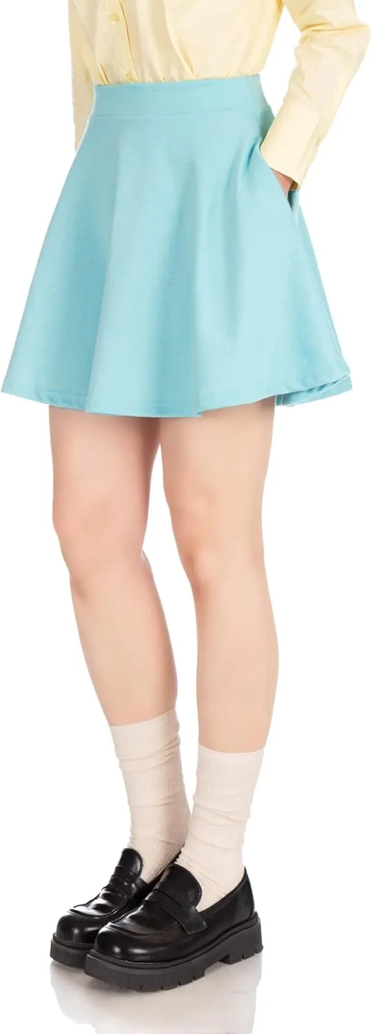 Basic Solid Stretchy Cotton High Waist A-line Flared Casual Skater Mini Skirt