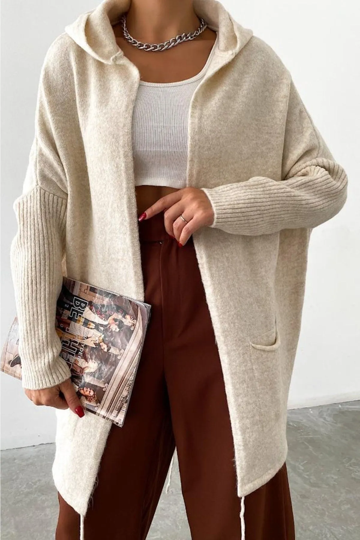 Bat Sleeve Double Pockets Hooded Loose Oversized Long Knitwear Cardigan, Autumn Wardrobe, Trendy Outerwear, Boho Knitwear,Casual Comfort 1