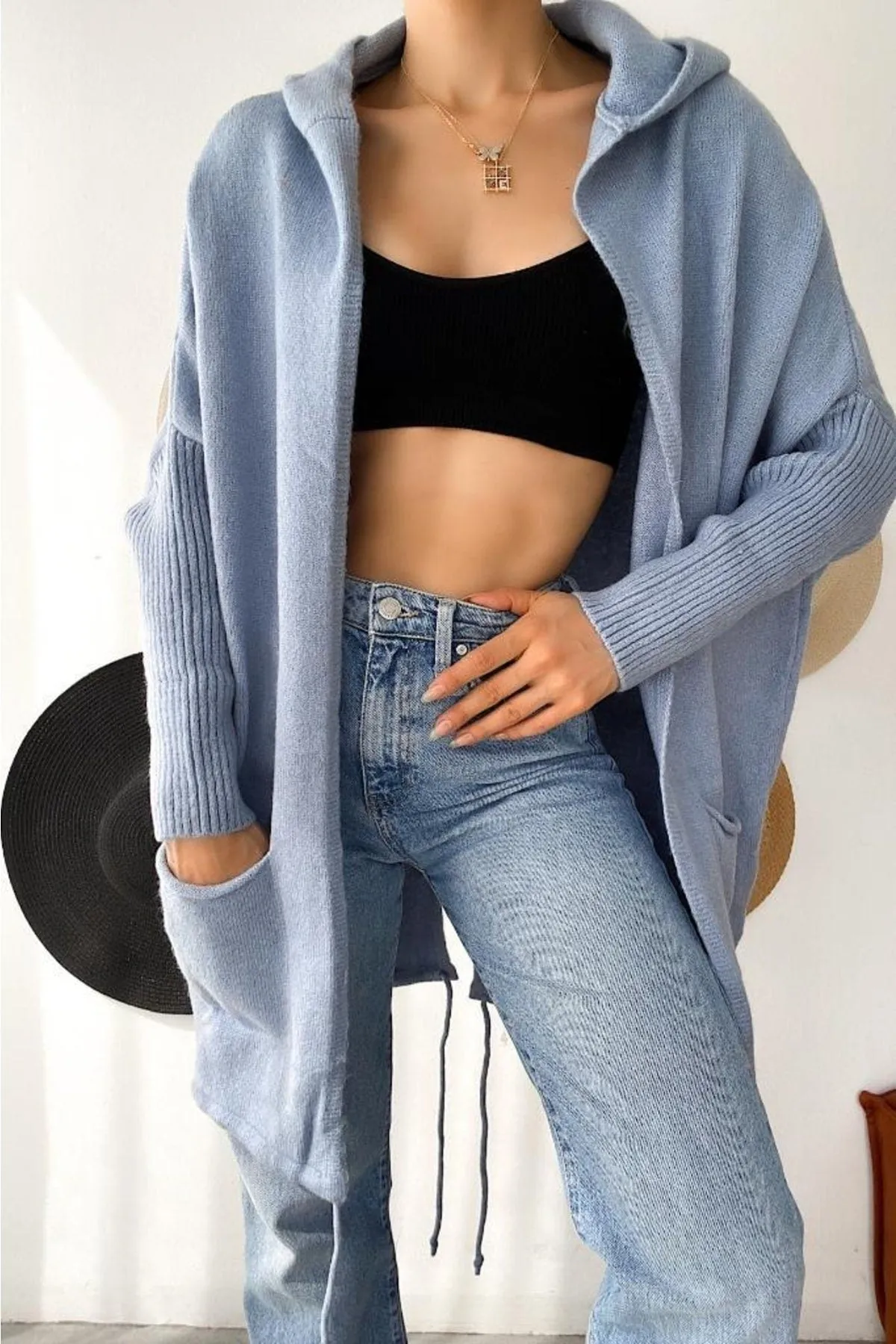 Bat Sleeve Double Pockets Hooded Loose Oversized Long Knitwear Cardigan, Autumn Wardrobe, Trendy Outerwear, Boho Knitwear,Casual Comfort 1