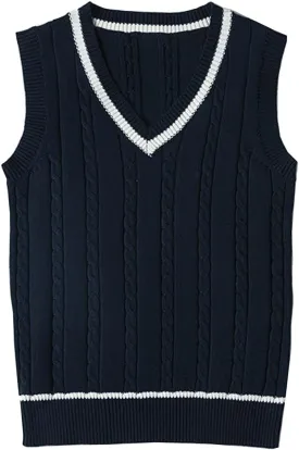 Blostirno Womens Sweater Vest V Neck JK Uniform Kint Vests Solid Classic Sleeveless Pullover Sweaters Tops