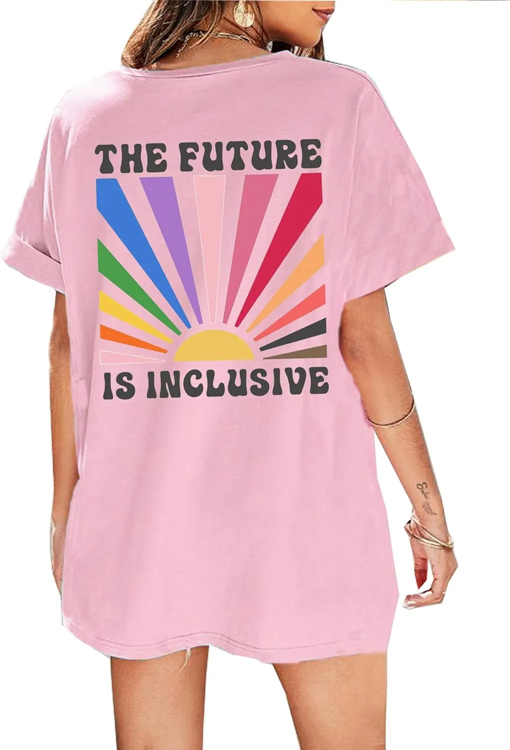 BOMYTAO Be You The Future is Inclusive Print Shirt for Women Oversized Pride Rainbow T-Shirt LGBTQ Social Justice Tee Top