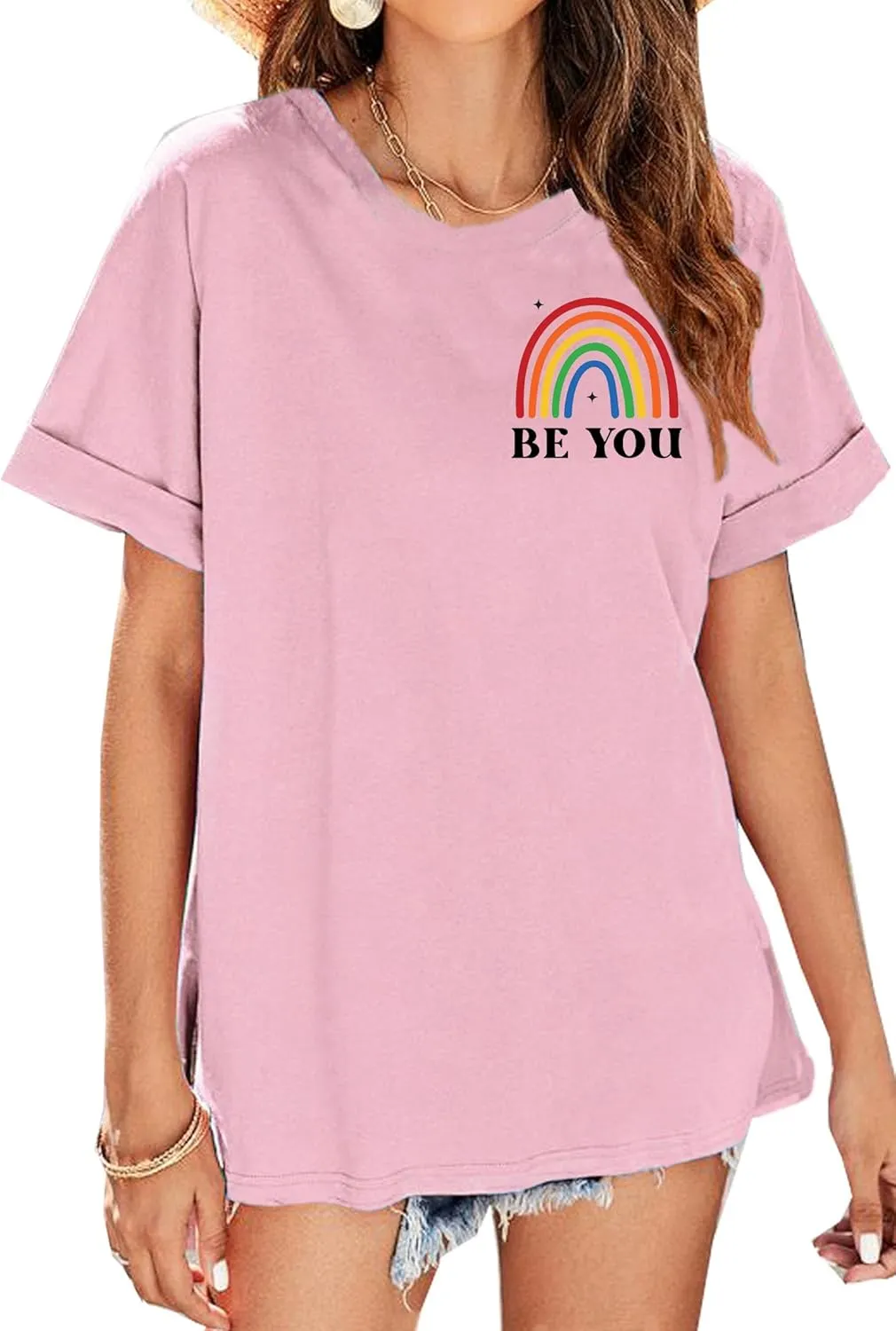 BOMYTAO Be You The Future is Inclusive Print Shirt for Women Oversized Pride Rainbow T-Shirt LGBTQ Social Justice Tee Top