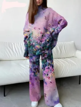 Botvotee Women Pant Sets Print Full Length Wide Leg Loose Trousers 2 Piece   Long Sleeve Turtleneck Tops 2023 Casual Fashion New 070161996