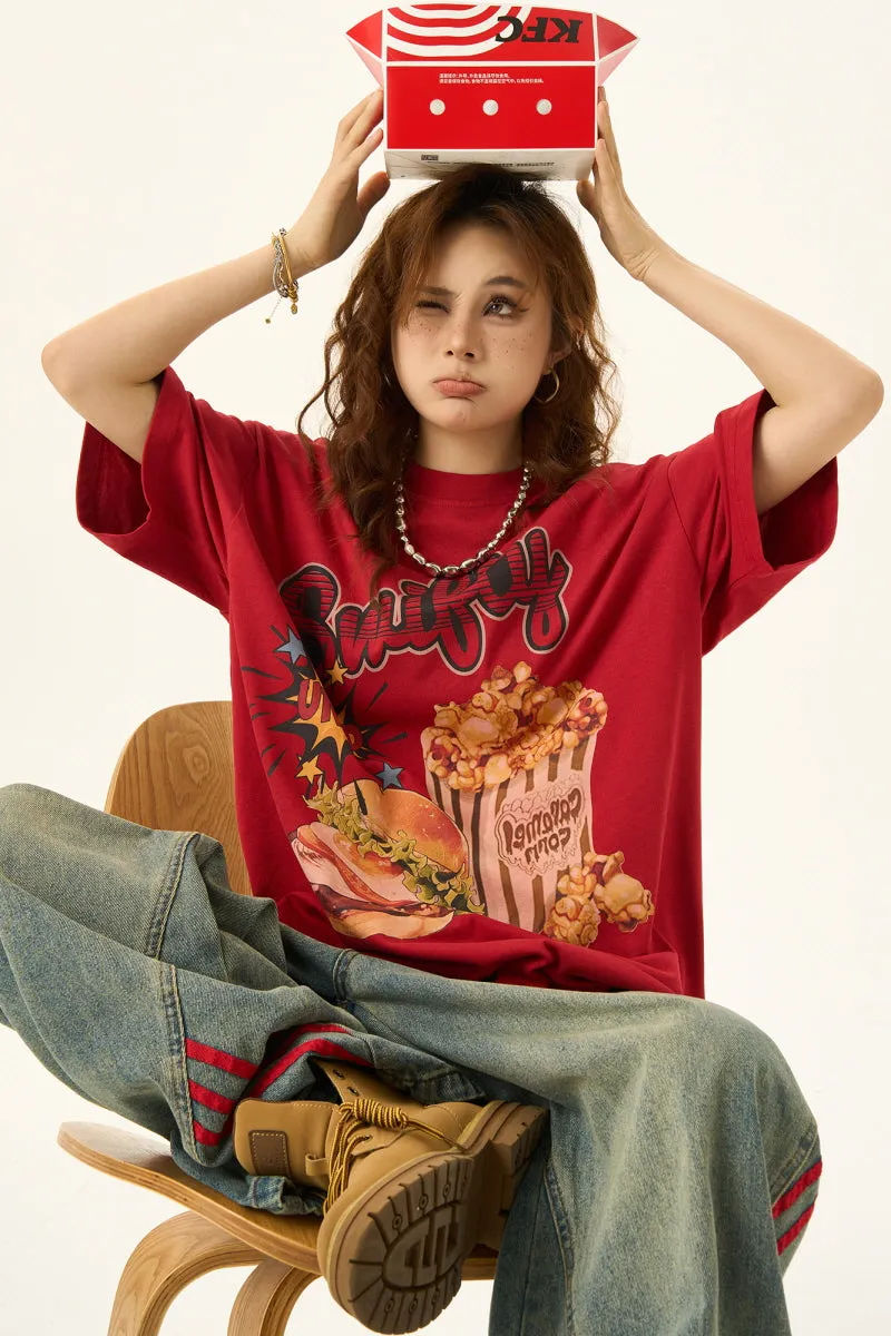 Burger Print Short Sleeve T-Shirt Women's Retro Loose Top