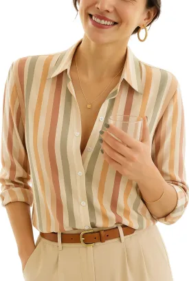 Button Down Shirts for Women Loose Fit Striped Fall Roll up Sleeve Blouse Business Casual Work Tops