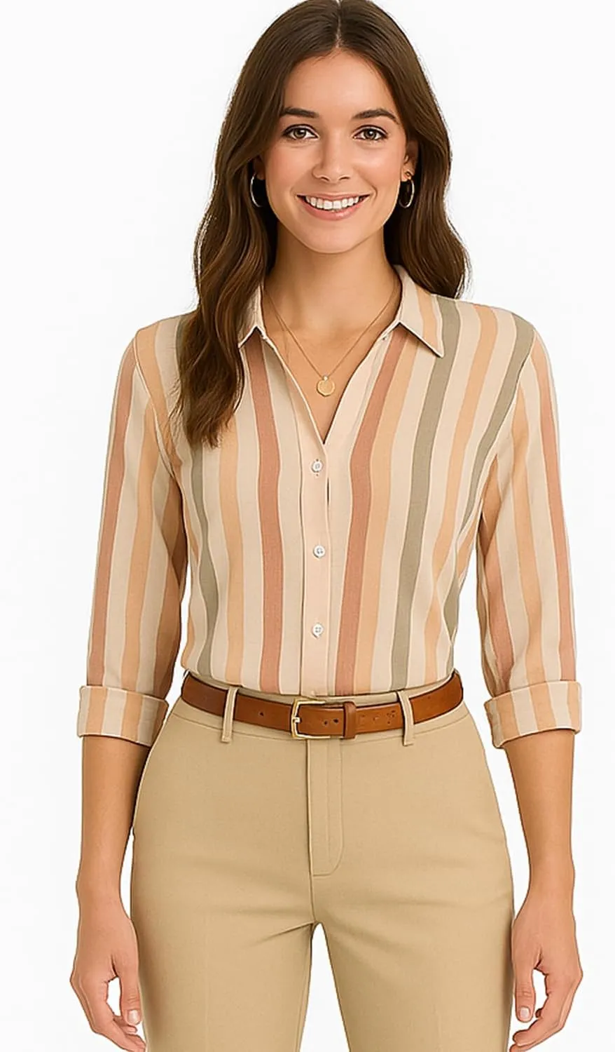 Button Down Shirts for Women Loose Fit Striped Fall Roll up Sleeve Blouse Business Casual Work Tops