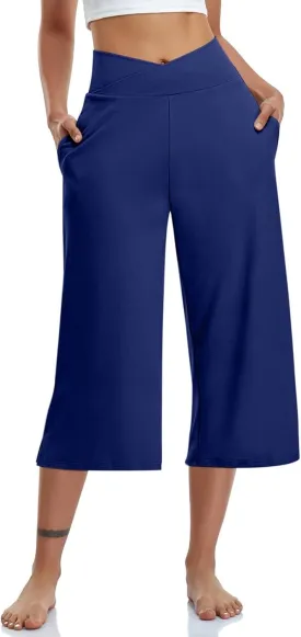 Capri Pants for Women High Waisted Wide Leg Palazzo Trousers Pull On Elastic Waist Loose Flowy Pants
