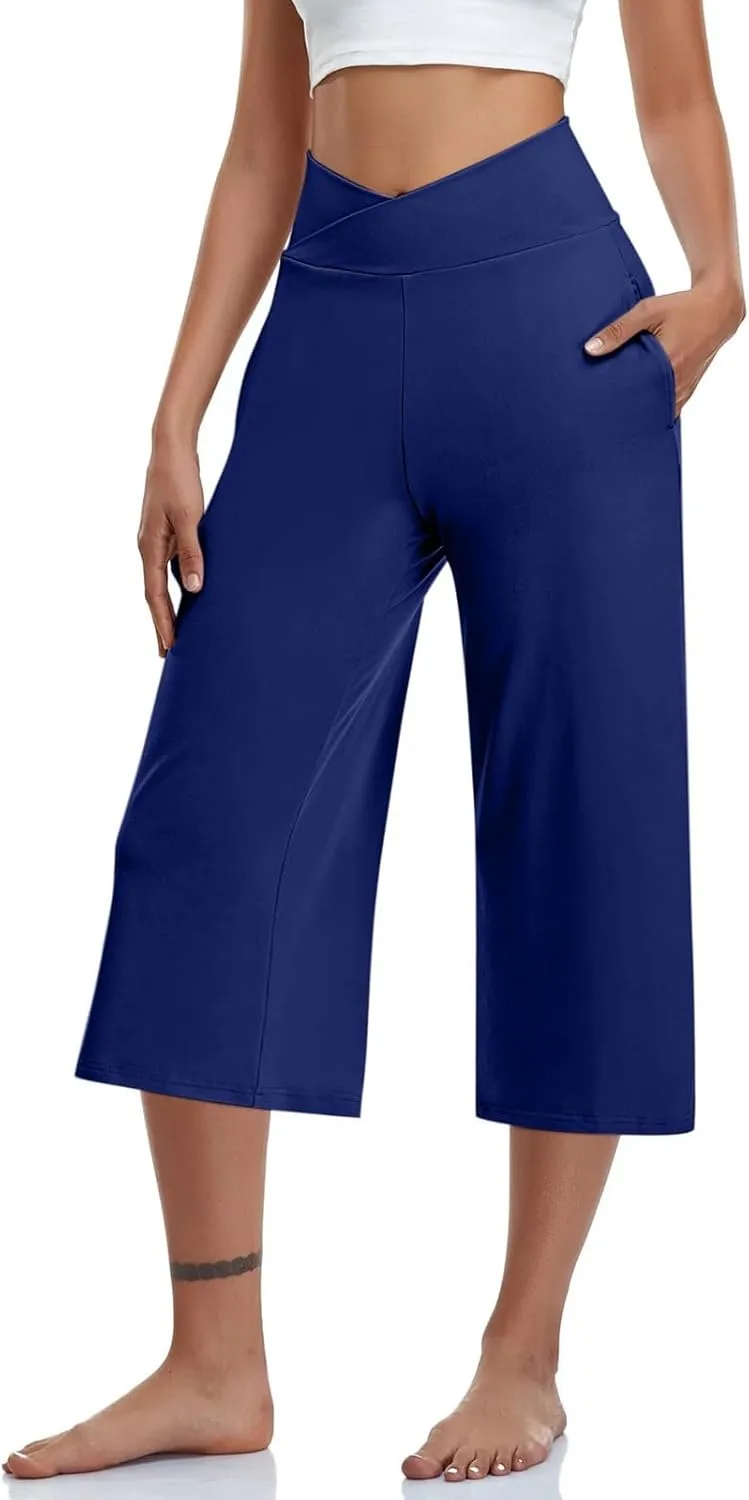 Capri Pants for Women High Waisted Wide Leg Palazzo Trousers Pull On Elastic Waist Loose Flowy Pants