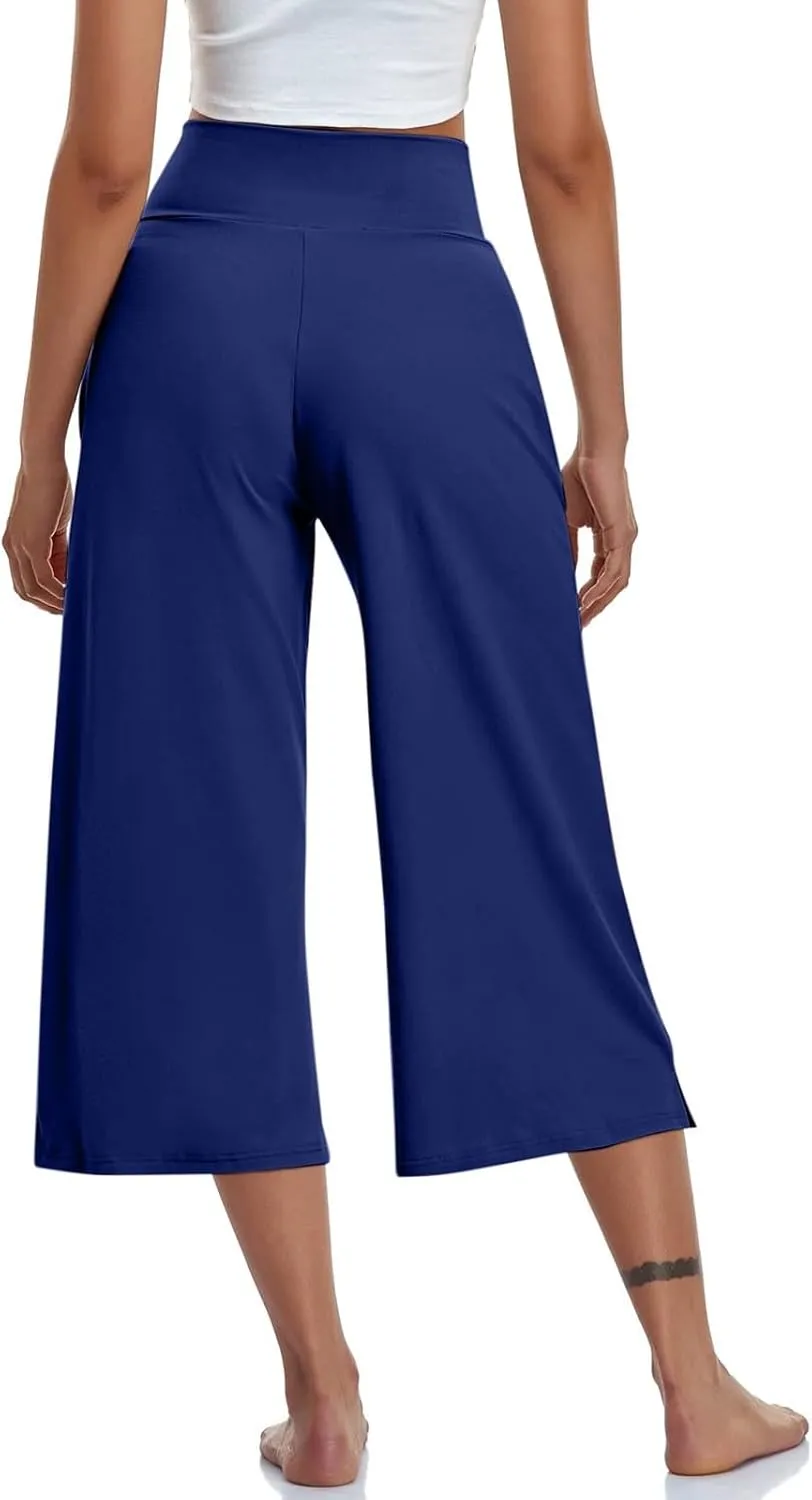 Capri Pants for Women High Waisted Wide Leg Palazzo Trousers Pull On Elastic Waist Loose Flowy Pants