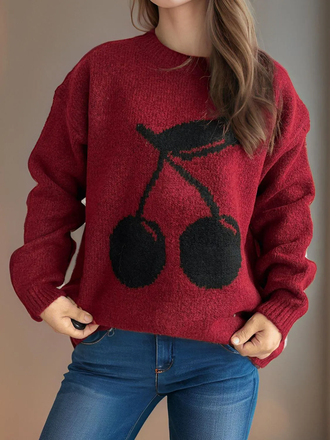 Cherry Sweater Round Neck Long Sleeve Casual Basic Knitwear