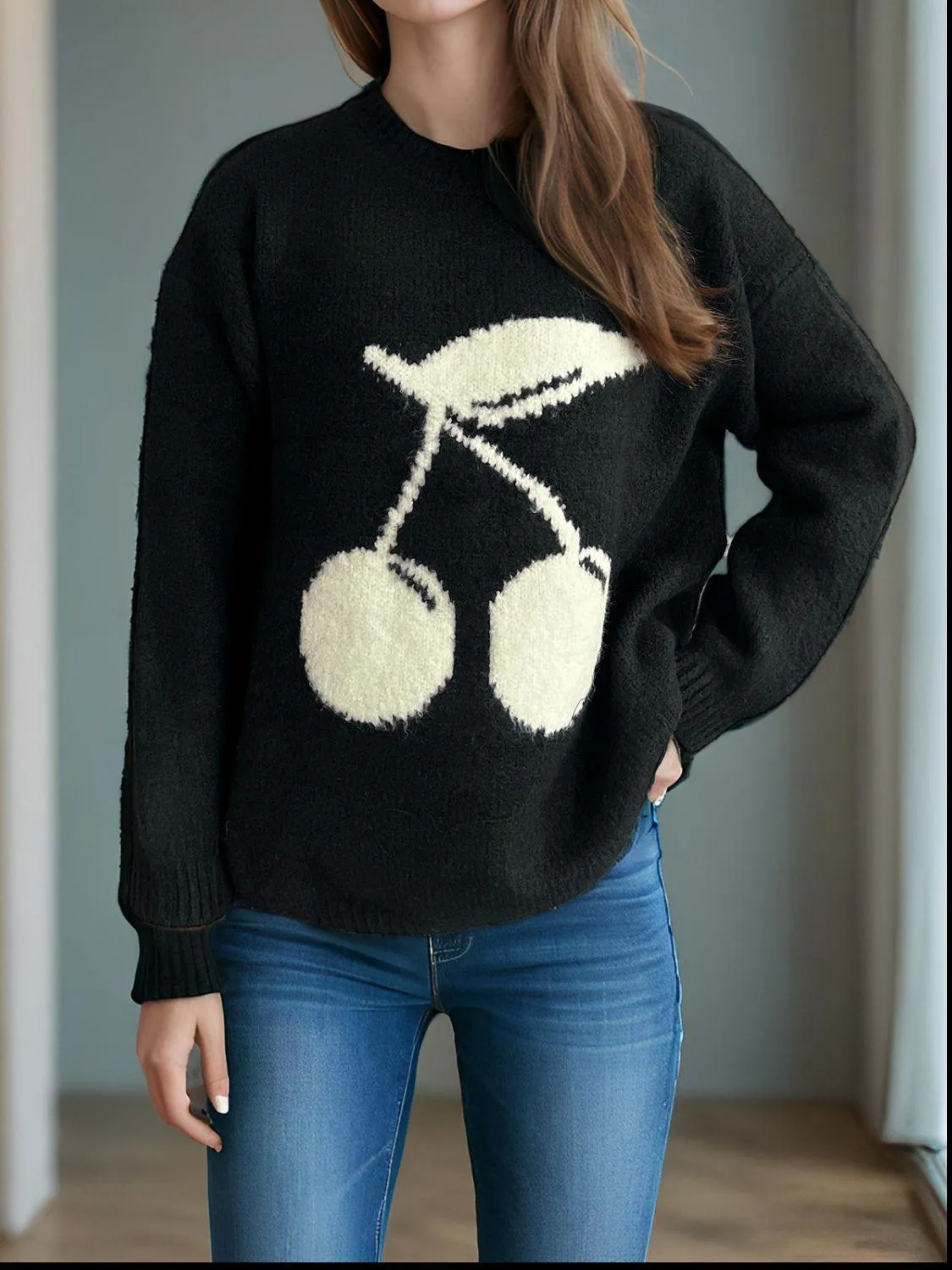 Cherry Sweater Round Neck Long Sleeve Casual Basic Knitwear