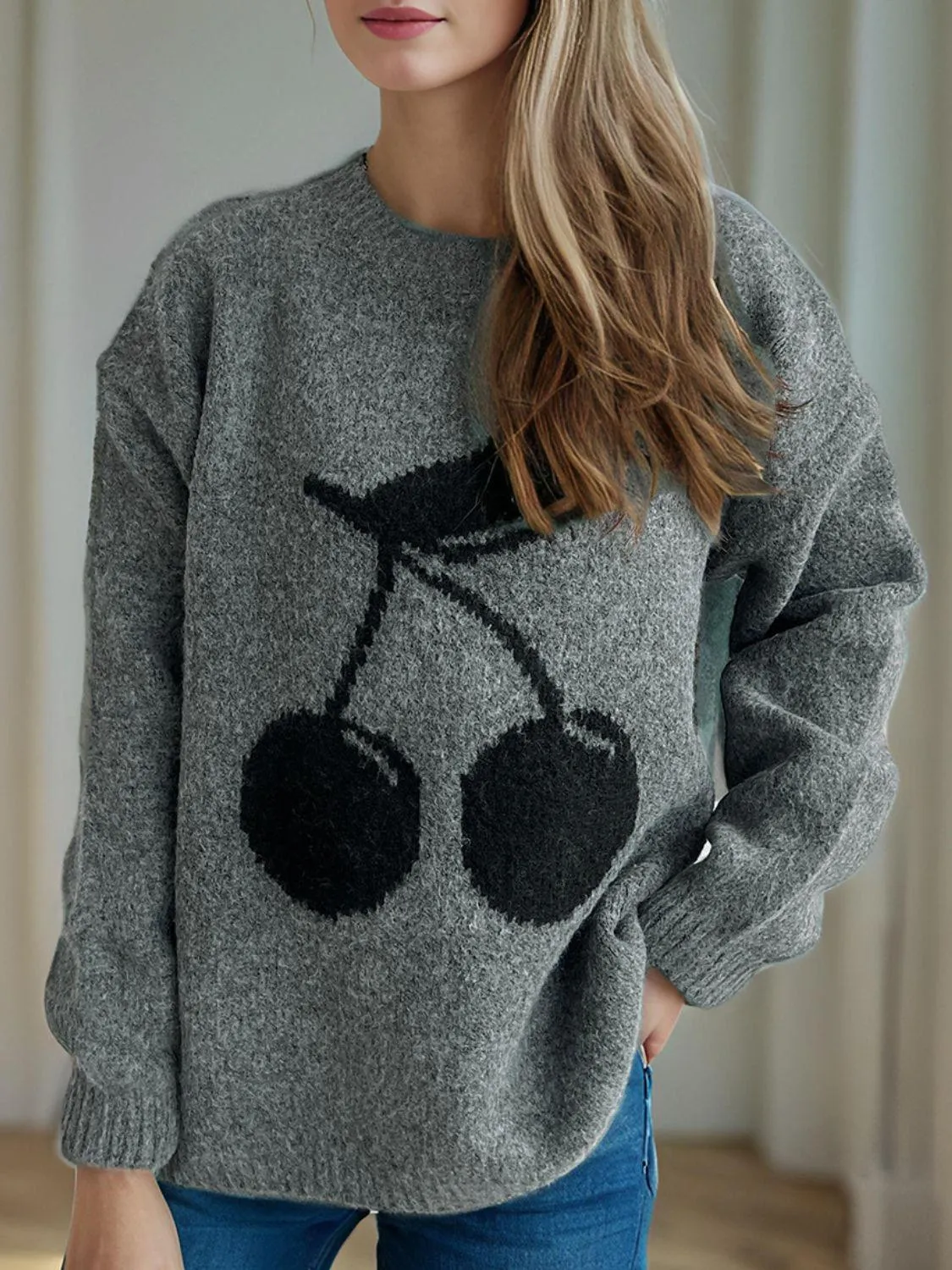 Cherry Sweater Round Neck Long Sleeve Casual Basic Knitwear