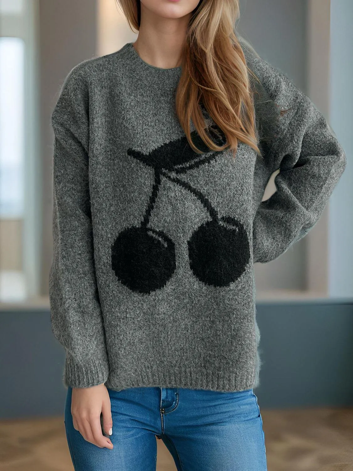 Cherry Sweater Round Neck Long Sleeve Casual Basic Knitwear