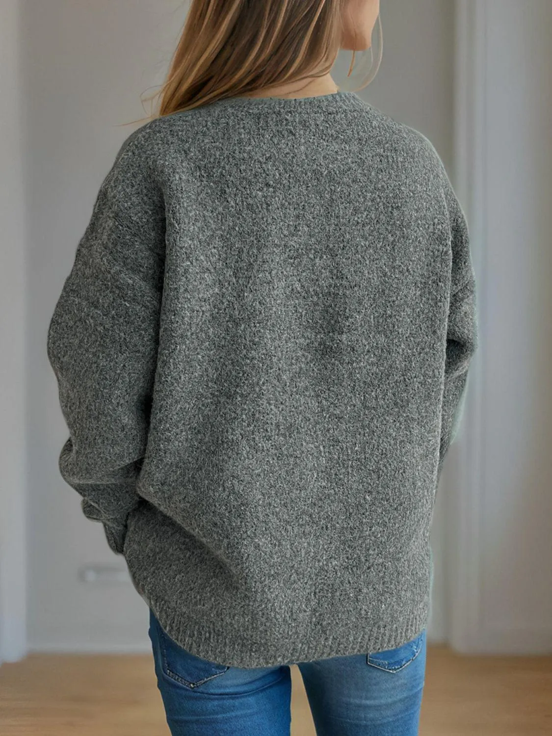 Cherry Sweater Round Neck Long Sleeve Casual Basic Knitwear