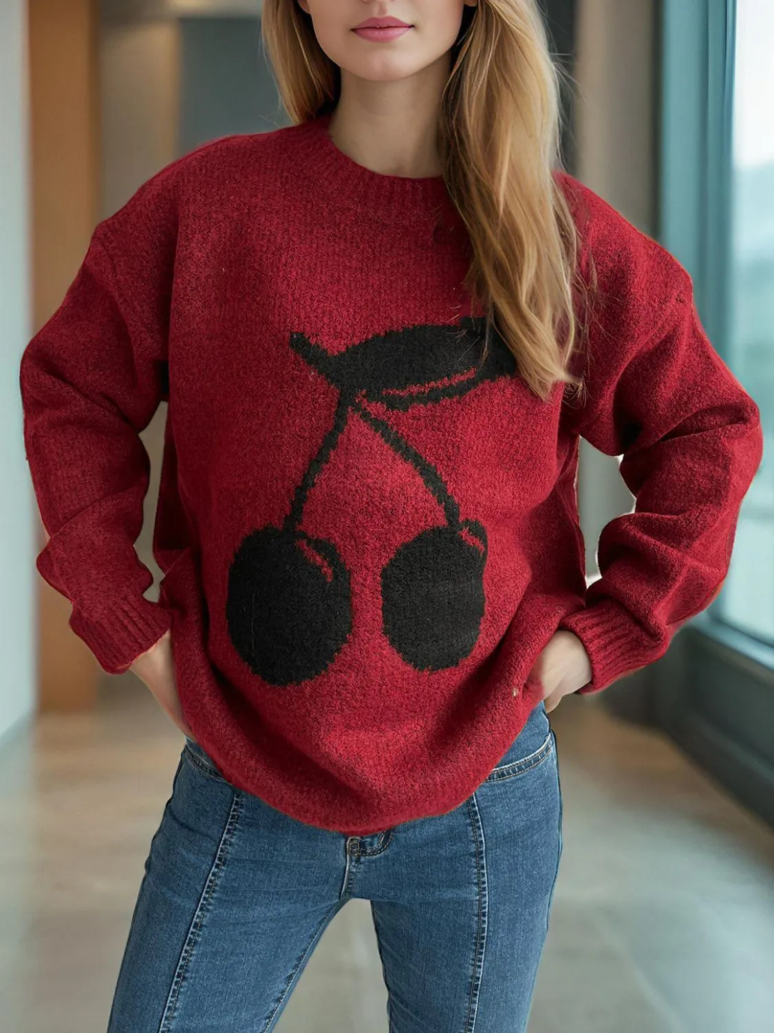 Cherry Sweater Round Neck Long Sleeve Casual Basic Knitwear