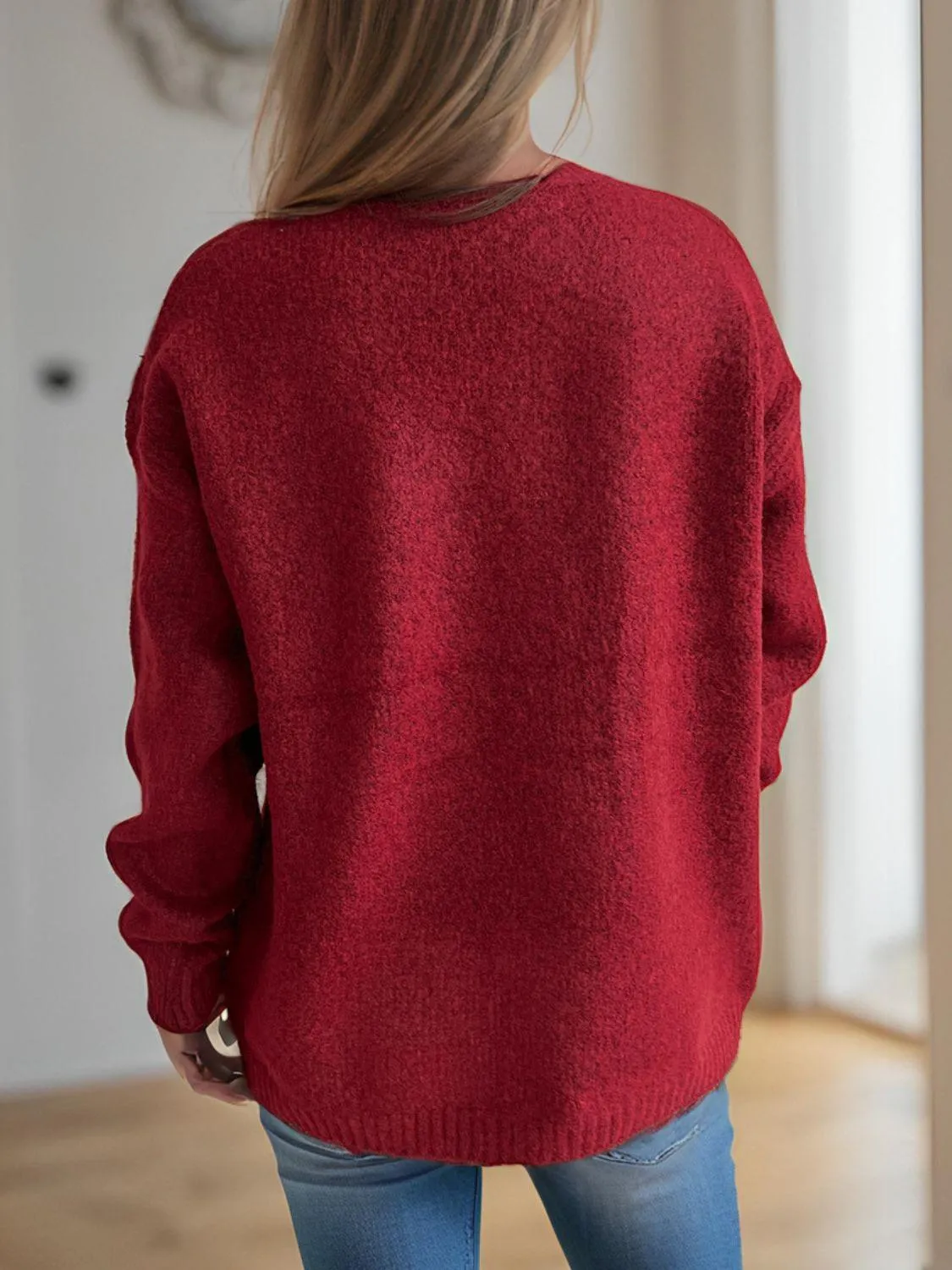 Cherry Sweater Round Neck Long Sleeve Casual Basic Knitwear