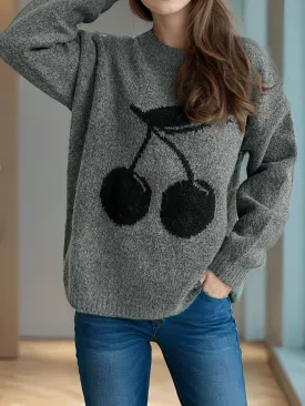 Cherry Sweater Round Neck Long Sleeve Casual Basic Knitwear
