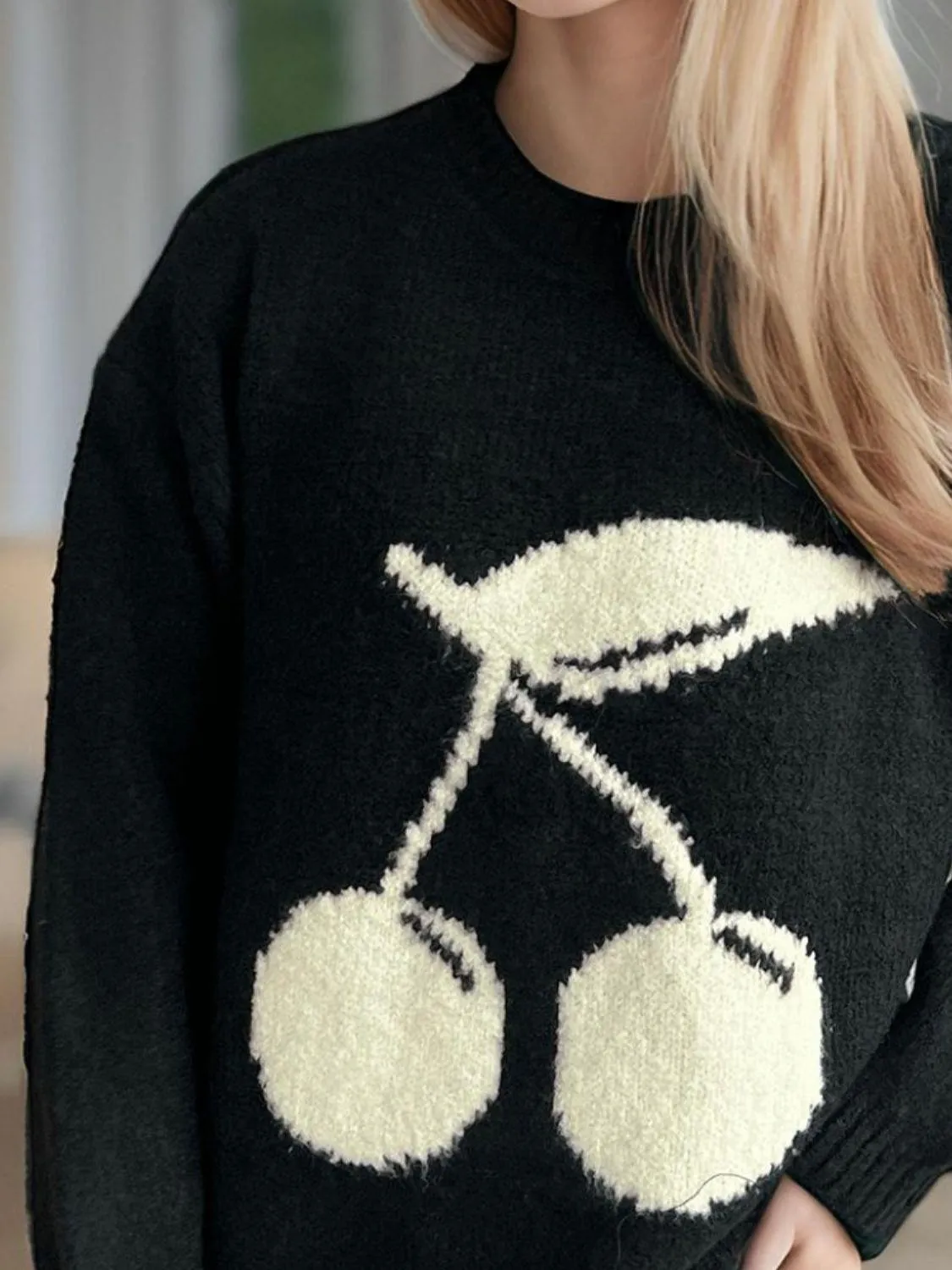 Cherry Sweater Round Neck Long Sleeve Casual Basic Knitwear