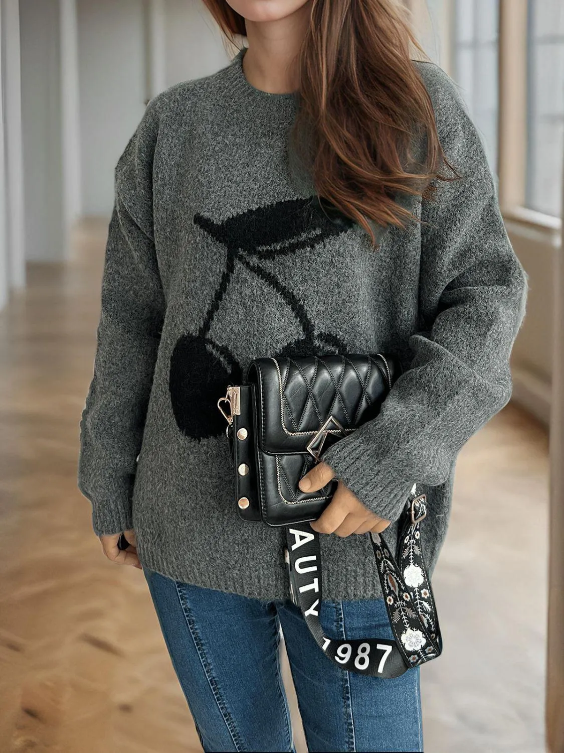 Cherry Sweater Round Neck Long Sleeve Casual Basic Knitwear