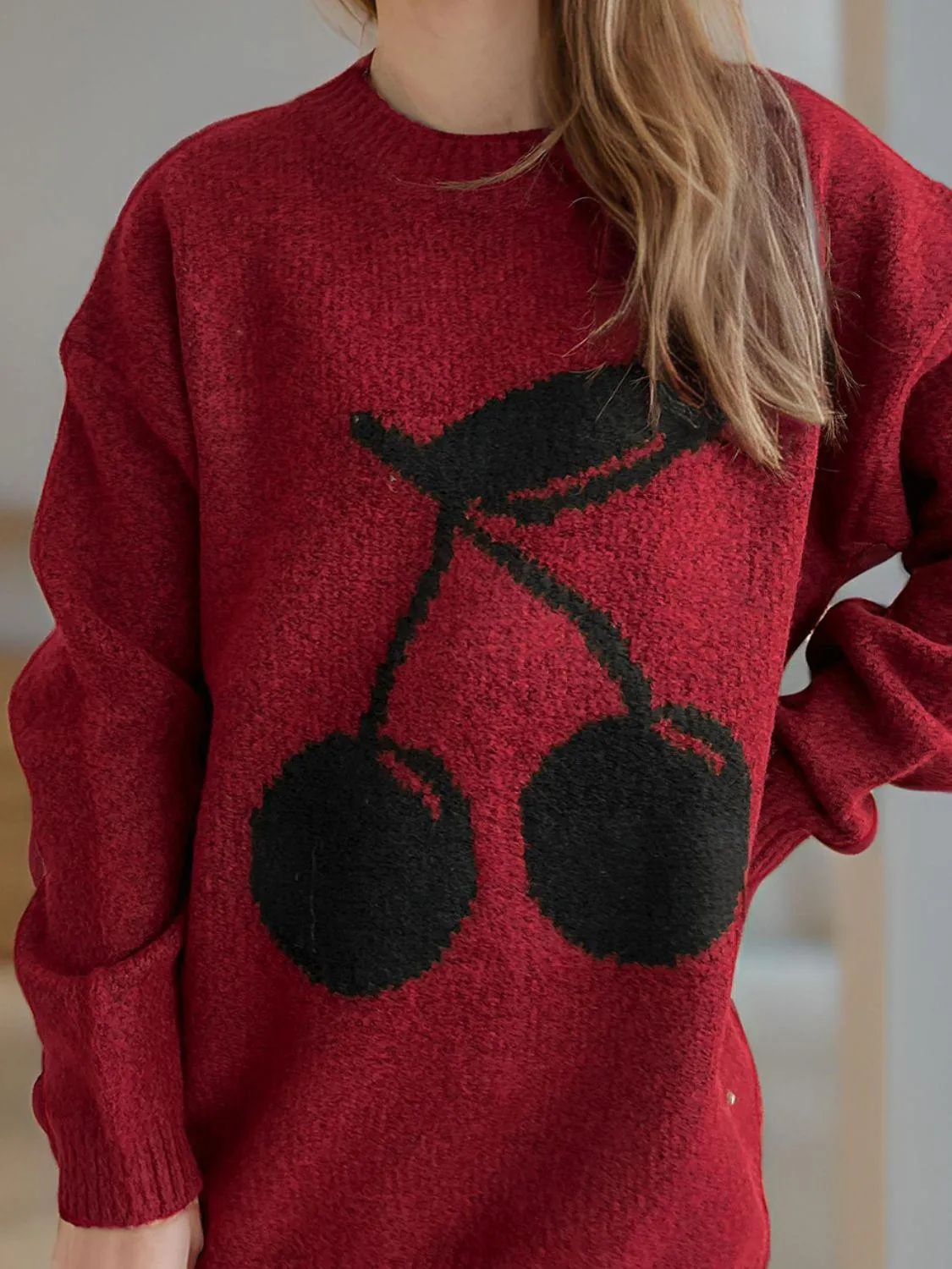 Cherry Sweater Round Neck Long Sleeve Casual Basic Knitwear