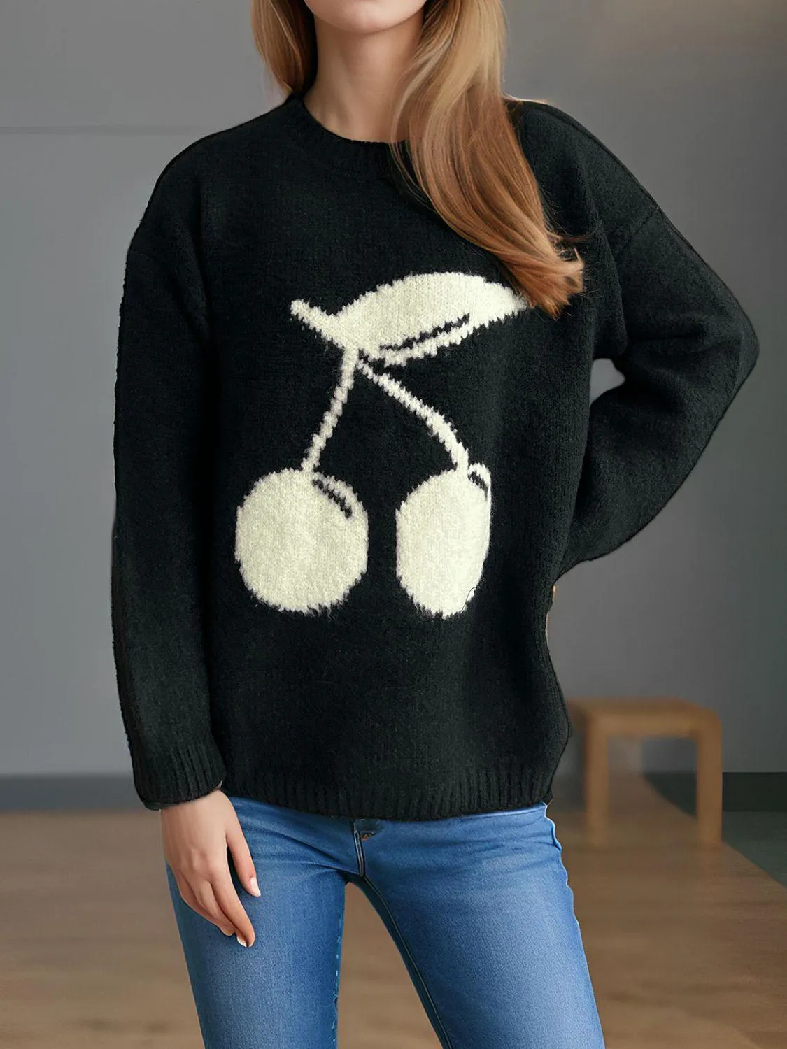 Cherry Sweater Round Neck Long Sleeve Casual Basic Knitwear