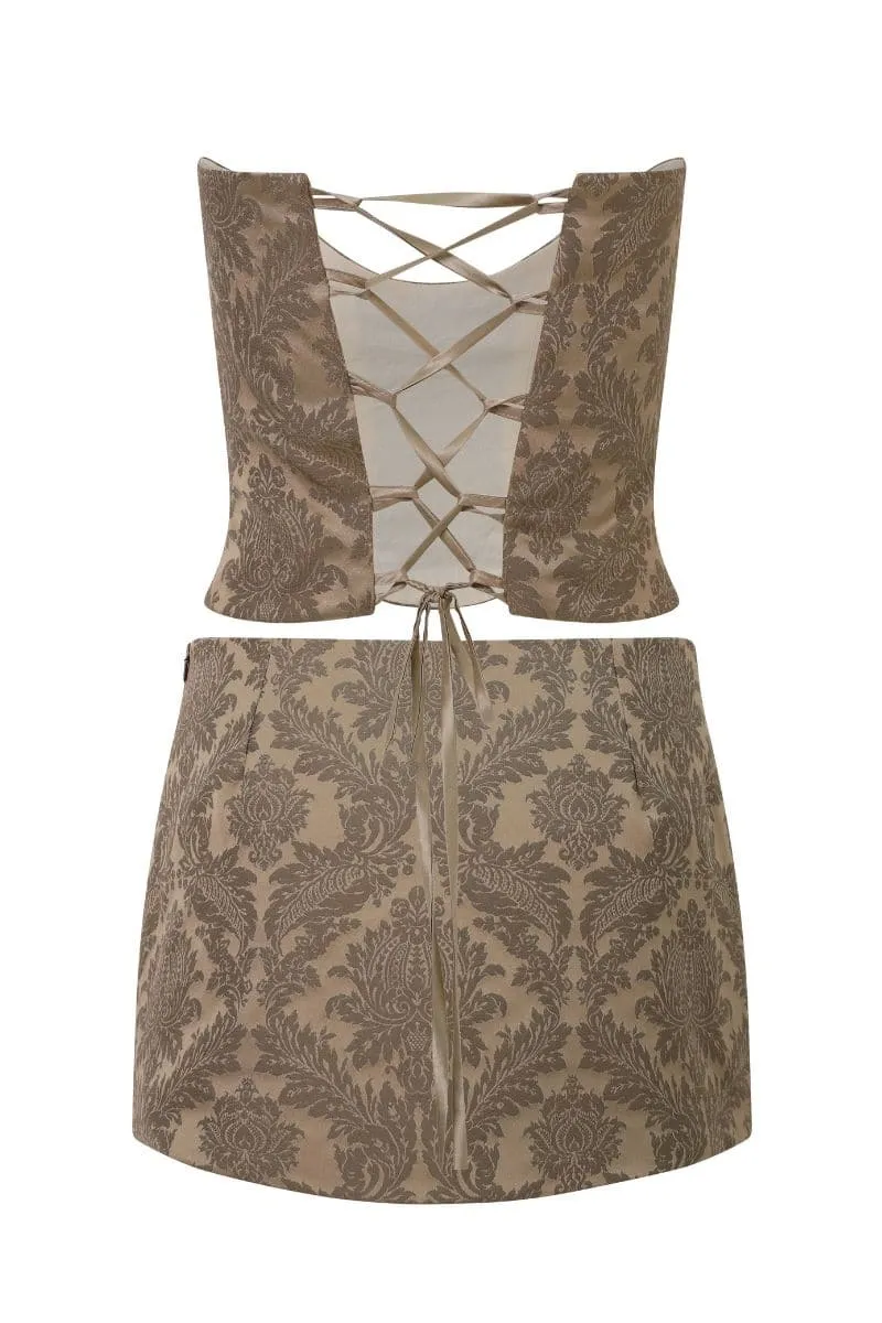 CHOCOLATE BROCADE NIARA CORSET AND SKIRT SET