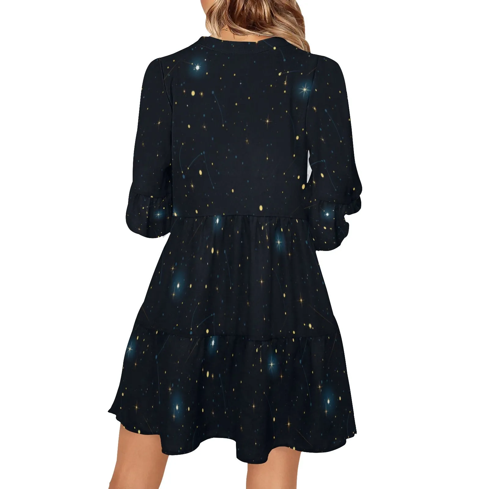 Constellation Flowy Gauze Dress Women, Space Stars Galaxy Universe Retro Boho Vintage Beach Summer V Neck Festival Casual Mini Long Sleeve