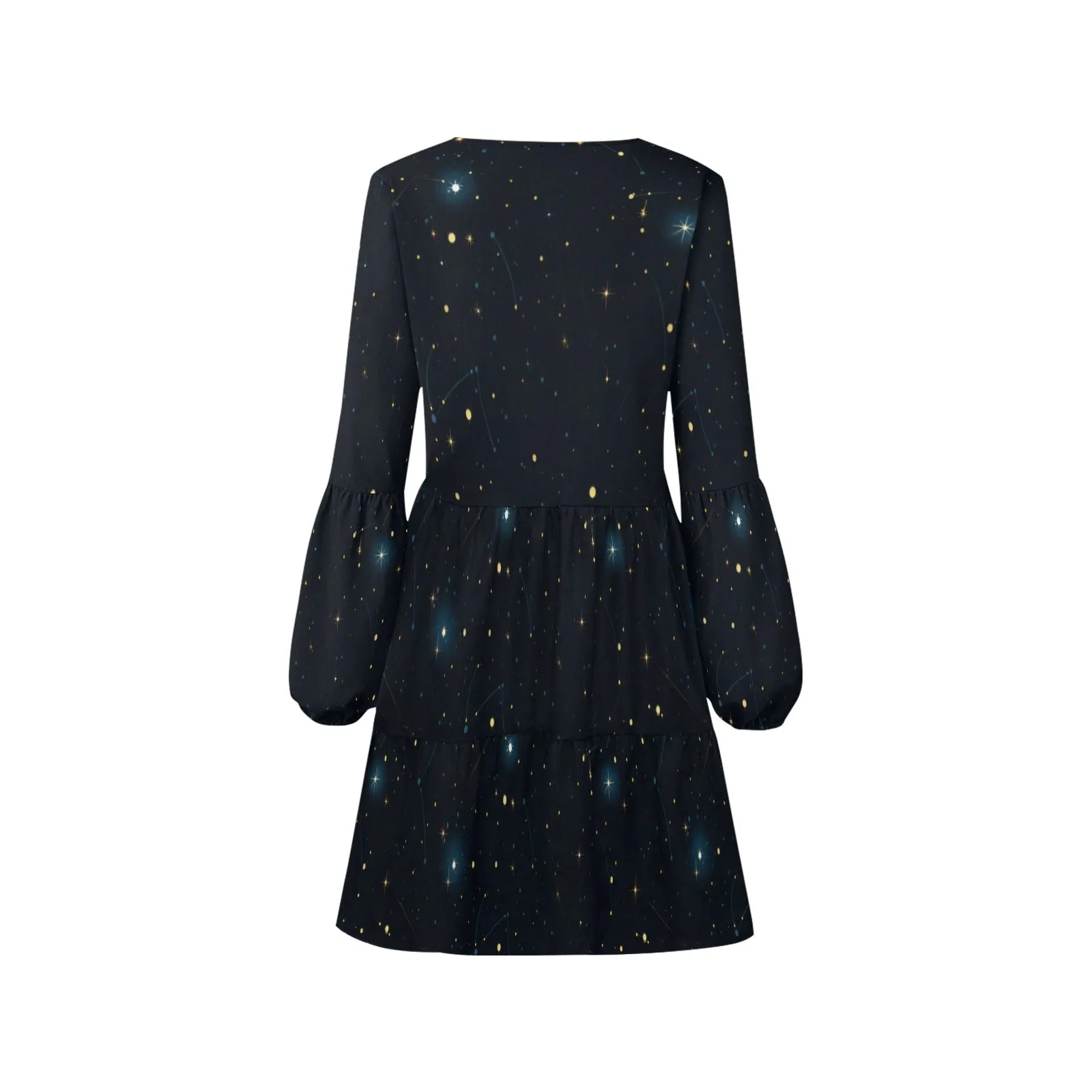 Constellation Flowy Gauze Dress Women, Space Stars Galaxy Universe Retro Boho Vintage Beach Summer V Neck Festival Casual Mini Long Sleeve