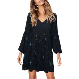 Constellation Flowy Gauze Dress Women, Space Stars Galaxy Universe Retro Boho Vintage Beach Summer V Neck Festival Casual Mini Long Sleeve