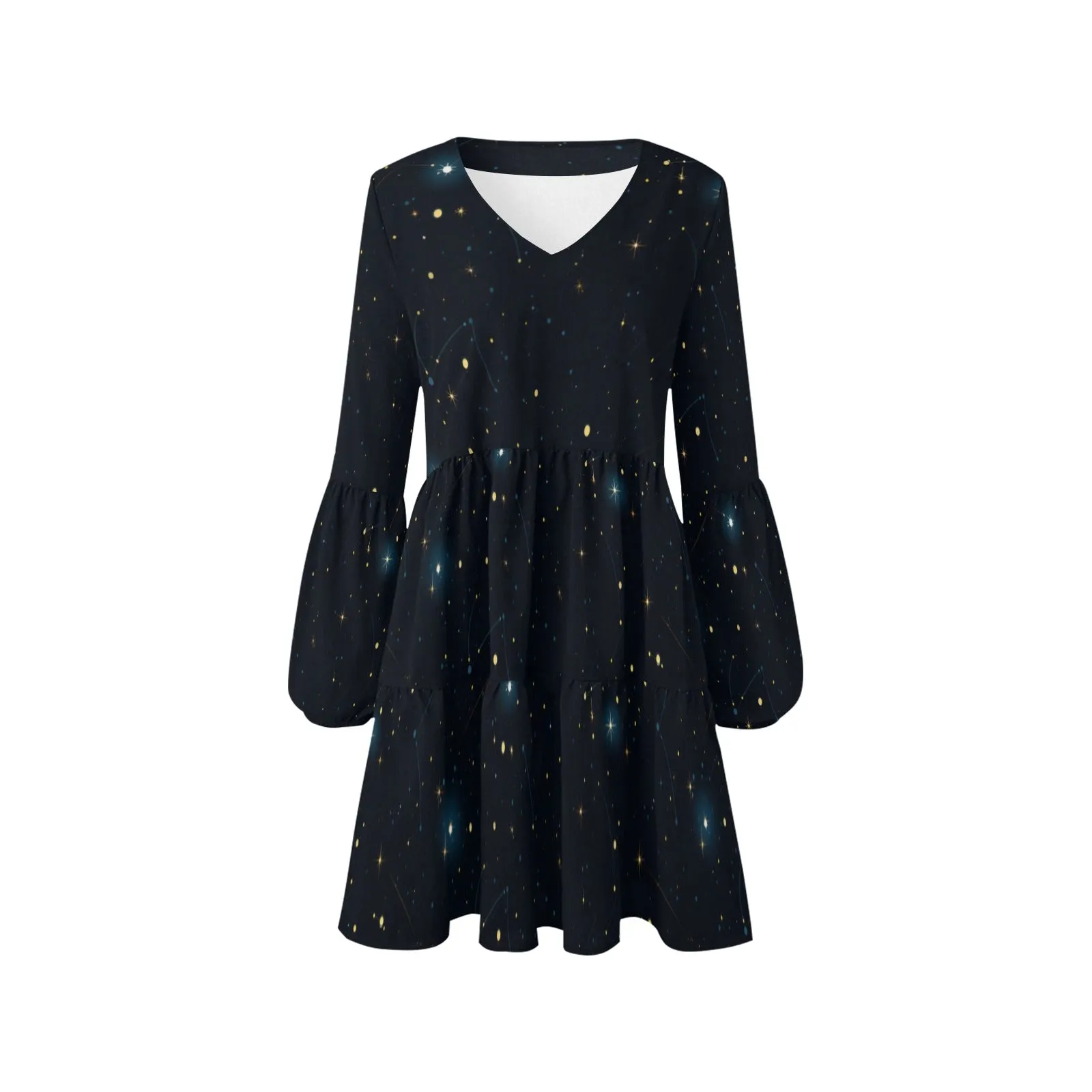 Constellation Flowy Gauze Dress Women, Space Stars Galaxy Universe Retro Boho Vintage Beach Summer V Neck Festival Casual Mini Long Sleeve