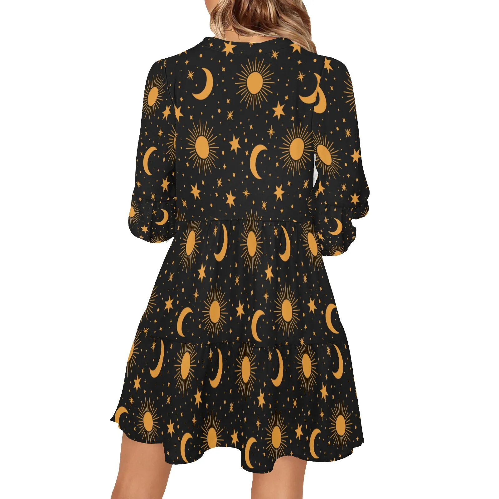 Constellation Flowy Gauze Dress Women, Space Stars Moon Sun Retro Boho Bohemian Vintage Beach Summer V Neck Festival Casual Mini Long Sleeve