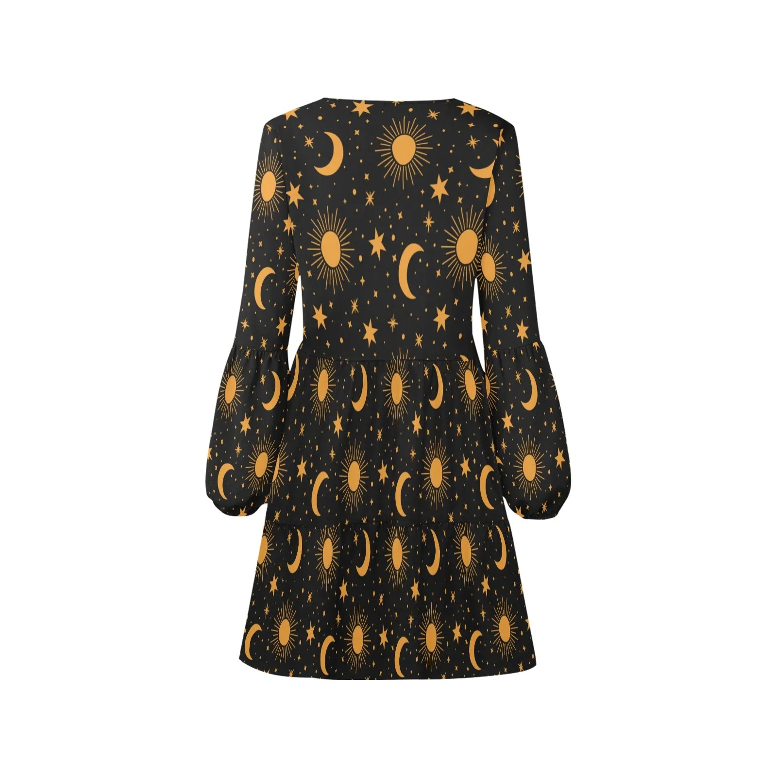 Constellation Flowy Gauze Dress Women, Space Stars Moon Sun Retro Boho Bohemian Vintage Beach Summer V Neck Festival Casual Mini Long Sleeve
