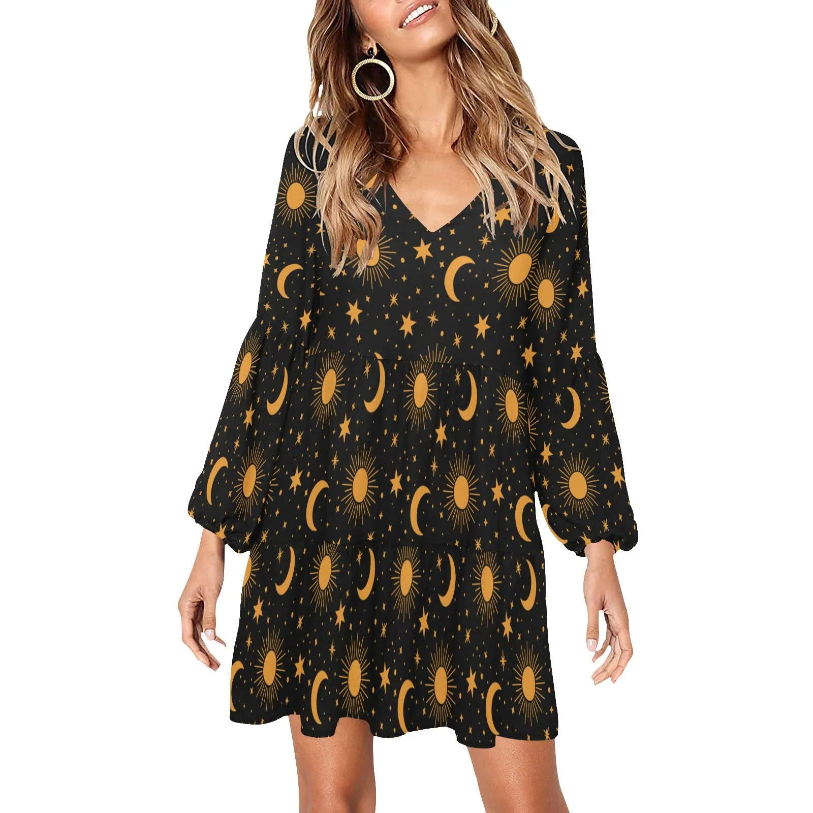 Constellation Flowy Gauze Dress Women, Space Stars Moon Sun Retro Boho Bohemian Vintage Beach Summer V Neck Festival Casual Mini Long Sleeve
