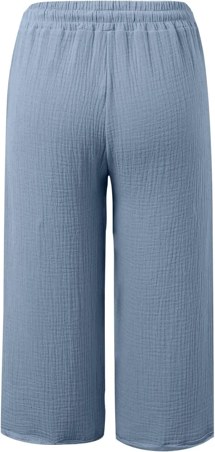 Cotton Linen Pants for Women 2025 Wide Leg Cropped Lounge Trousers Drawstring Elastic Waist Beach Pants Summer Outfits