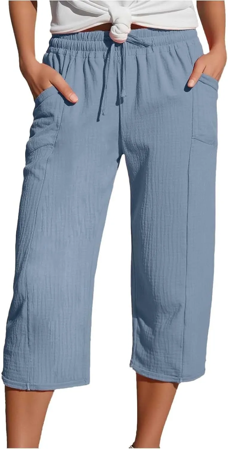 Cotton Linen Pants for Women 2025 Wide Leg Cropped Lounge Trousers Drawstring Elastic Waist Beach Pants Summer Outfits