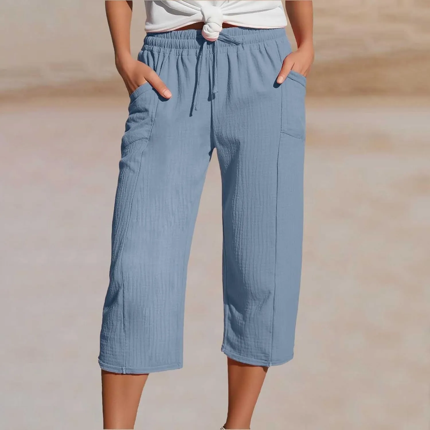 Cotton Linen Pants for Women 2025 Wide Leg Cropped Lounge Trousers Drawstring Elastic Waist Beach Pants Summer Outfits