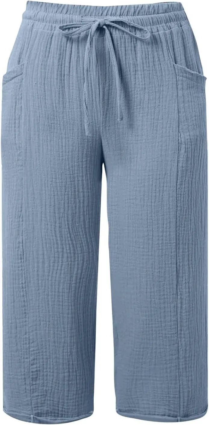 Cotton Linen Pants for Women 2025 Wide Leg Cropped Lounge Trousers Drawstring Elastic Waist Beach Pants Summer Outfits