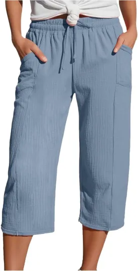 Cotton Linen Pants for Women 2025 Wide Leg Cropped Lounge Trousers Drawstring Elastic Waist Beach Pants Summer Outfits